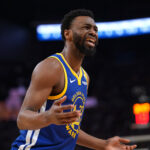 Apr 2, 2024; San Francisco, California, USA; Golden State Warriors forward Andrew Wiggins (22) reacts after being called for a foul against the Dallas Mavericks in the second quarter at the Chase Center.