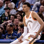 Apr 5, 2024; New Orleans, Louisiana, USA; San Antonio Spurs center Victor Wembanyama (1) looks on against the New Orleans Pelicans during the second half at Smoothie King Center.