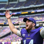 Sep 15, 2024; Minneapolis, Minnesota, USA; Minnesota Vikings quarterback Sam Darnold (14) reacts after the game against the San Francisco 49ers at U.S. Bank Stadium.