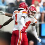 NFL: Kansas City Chiefs at Los Angeles Chargers - Sep 29, 2024; Inglewood, California, USA; Kansas City Chiefs wide receiver Xavier Worthy (1) celebrates with wide receiver Skyy Moore (24) after catching a 54-yard touchdown pass in the second quarter against the Los Angeles Chargers at SoFi Stadium. Mandatory Credit: Kirby Lee-Imagn Images