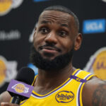 Sep 30, 2024; El Segundo, CA, USA; Los Angeles Lakers forward LeBron James (6) during media day at the UCLA Health Training Center.