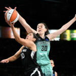 LAS VEGAS, NEVADA - AUGUST 17: Breanna Stewart #30 of the New York Liberty blocks a shot by Kelsey Plum #10 of the Las Vegas Aces in the second half of their game at Michelob ULTRA Arena on August 17, 2024 in Las Vegas, Nevada. The Liberty defeated the Aces 79-67. NOTE TO USER: User expressly acknowledges and agrees that, by downloading and or using this photograph, User is consenting to the terms and conditions of the Getty Images License Agreement.