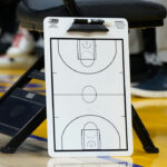 SAN FRANCISCO, CALIFORNIA - MARCH 31: A detailed view of the basketball clipboard used by the San Antonio Spurs against the Golden State Warriors during an NBA basketball game at Chase Center on March 31, 2023 in San Francisco, California.