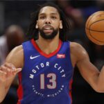 Apr 29, 2021; Detroit, Michigan, USA; Detroit Pistons center Jahlil Okafor (13) holds the ball during the fourth quarter against the Dallas Mavericks at Little Caesars Arena. Mandatory Credit: Raj Mehta-Imagn Images