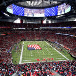 ATLANTA, GA - JANUARY 08: An overview of the stadium and playing field during the National Anthem prior to the Sunday afternoon NFL game between the Tampa Bay Buccaneers and the Atlanta Falcons on January 8, 2023 at the Mercedes-Benz Stadium in Atlanta, Georgia. (Photo by David J. Griffin/Icon Sportswire via Getty Images)