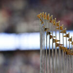 ARLINGTON, TX - MARCH 28: A detail photo of the Commissioner's trophy prior (World Series) to the game between the Chicago Cubs and the Texas Rangers at Globe Life Field on Thursday, March 28, 2024 in Arlington, Texas.