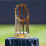 BRONX, NY - AUGUST 24: A general view of the 2009 World Series trophy during the New York Yankees Old Timers Day on August 24, 2024 at Yankee Stadium in the Bronx, New York.