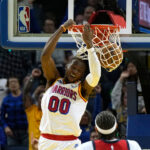 Warriors Kuminga - SAN FRANCISCO, CALIFORNIA - OCTOBER 29: Jonathan Kuminga #00 of the Golden State Warriors slam dunks against the New Orleans Pelicans during the fourth quarter at Chase Center on October 29, 2024 in San Francisco, California. NOTE TO USER: User expressly acknowledges and agrees that, by downloading and or using this photograph, User is consenting to the terms and conditions of the Getty Images License Agreement. (Photo by Thearon W. Henderson/Getty Images)