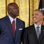 WASHINGTON, DC - NOVEMBER 22: U.S. President Barack Obama smiles up at National Basketball Association Hall of Fame member and legendary athlete Michael Jordan before awarding him with the Presidential Medal of Freedom during a ceremony in the East Room of the White House November 22, 2016 in Washington, DC. Obama presented the medal to 19 living and two posthumous pioneers in science, sports, public service, human rights, politics and the arts. (Photo by Chip Somodevilla/Getty Images)