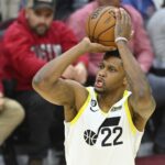 Dec 19, 2022; Cleveland, Ohio, USA; Utah Jazz forward Rudy Gay (22) shoots in the third quarter against the Cleveland Cavaliers at Rocket Mortgage FieldHouse. Mandatory Credit: David Richard-USA TODAY Sports