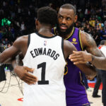 Mar 31, 2023; Minneapolis, Minnesota, USA; NBA; Minnesota Timberwolves guard Anthony Edwards (1) and Los Angeles Lakers forward LeBron James (6) hug after the game at Target Center.