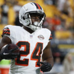 Sep 18, 2023; Pittsburgh, Pennsylvania, USA; Cleveland Browns running back Nick Chubb (24) warms up before the game against the Pittsburgh Steelers at Acrisure Stadium. Mandatory Credit: Charles LeClaire-USA TODAY Sports