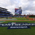 Oct 16, 2023; Philadelphia, Pennsylvania, USA; A of the MLB Postseason logo on the field before the Arizona Diamondbacks playing Philadelphia Phillies in game one of the NLCS for the 2023 MLB playoffs at Citizens Bank Park. Mandatory Credit: Bill Streicher-USA TODAY Sports