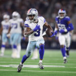 Nov 12, 2023; Arlington, Texas, USA; Dallas Cowboys wide receiver Brandin Cooks (3) runs with the ball after catching a pass against the New York Giants in the third quarter at AT&T Stadium.
