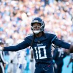 Tennessee Titans wide receiver DeAndre Hopkins (10) celebrates a touchdown against the Indianapolis Colts in the fourth quarter during their game at Nissan Stadium in Nashville, Tenn., Sunday, Dec. 3, 2023.