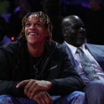 Dec 7, 2023; Las Vegas, Nevada, USA; Shaquille O'Neal sits with his son Shareef O'Neal during the fourth quarter of the game between the New Orleans Pelicans and the Los Angeles Lakers in the NBA In Season Tournament Semifinal at T-Mobile Arena.
