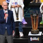 Dec 9, 2023; Las Vegas, Nevada, USA; NBA commissioner Adam Silver presents the NBA Cup to the Los Angeles Lakers after winning the NBA In-Season Tournament Championship game against the Indiana Pacers at T-Mobile Arena. Mandatory Credit: Candice Ward-USA TODAY Sports