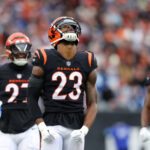 Dec 10, 2023; Cincinnati, Ohio, USA; Cincinnati Bengals safety Dax Hill (23) celebrates a pass breakup during the first quarter against the Indianapolis Colts at Paycor Stadium. Mandatory Credit: Joseph Maiorana-USA TODAY Sports