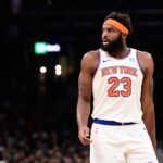 Dec 8, 2023; Boston, Massachusetts, USA; New York Knicks center Mitchell Robinson (23) looks on during the first half against the Boston Celtics at TD Garden. Mandatory Credit: Eric Canha-USA TODAY Sports