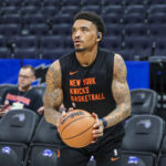Dec 29, 2023; Orlando, Florida, USA; New York Knicks guard DaQuan Jeffries (8) warms up before the game against the Orlando Magic at KIA Center.