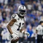 Dec 31, 2023; Indianapolis, Indiana, USA; NFL - Las Vegas Raiders wide receiver Davante Adams (17) celebrates his touchdown in the second half against the Indianapolis Colts at Lucas Oil Stadium. Mandatory Credit: Trevor Ruszkowski-USA TODAY Sports