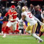 Feb 11, 2024; Paradise, Nevada, USA; Kansas City Chiefs quarterback Patrick Mahomes (15) against the San Francisco 49ers during Super Bowl LVIII at Allegiant Stadium. Mandatory Credit: Mark J. Rebilas-USA TODAY Sports