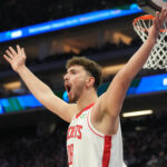 Mar 10, 2024; Sacramento, California, USA; Houston Rockets center Alperen Sengun (28) reacts during the second quarter against the Sacramento Kings at Golden 1 Center.