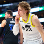 Mar 21, 2024; Dallas, Texas, USA; Utah Jazz forward Lauri Markkanen (23) reacts after getting hit in the mouth during the second half against the Dallas Mavericks at American Airlines Center.