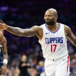 Mar 27, 2024; Philadelphia, Pennsylvania, USA; LA Clippers forward P.J. Tucker (17) reacts after being called for a foul against Philadelphia 76ers guard Kelly Oubre Jr. (9) during the second quarter at Wells Fargo Center. Mandatory Credit: Bill Streicher-USA TODAY Sports