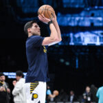 Apr 3, 2024; Brooklyn, New York, USA; Indiana Pacers forward Doug McDermott (20) warms up before a game against the Brooklyn Nets at Barclays Center.