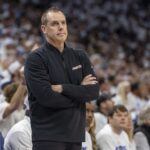 Apr 20, 2024; Minneapolis, Minnesota, USA; Phoenix Suns head coach Frank Vogel looks on against the Minnesota Timberwolves in the first half during game one of the first round for the 2024 NBA playoffs at Target Center. Mandatory Credit: Jesse Johnson-USA TODAY Sports