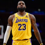 Apr 25, 2024; Los Angeles, California, USA; Los Angeles Lakers forward LeBron James (23) reacts during the second half in game three of the first round for the 2024 NBA playoffs at Crypto.com Arena.