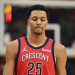 Apr 27, 2024; New Orleans, Louisiana, USA; New Orleans Pelicans Guard Trey Murphy III (25) walks down the court against the Oklahoma City Thunder during fourth quarter of game three of the first round for the 2024 NBA playoffs at Smoothie King Center.