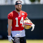 May 10, 2024; Santa Clara, CA, USA; San Francisco 49ers wide receiver Ricky Pearsall (14) smiles during the 49ers rookie minicamp at LeviÕs Stadium in Santa Clara, CA.