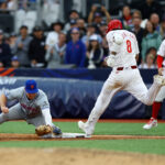 [US, Mexico & Canada customers only] June 9, 2024; London, UNITED KINGDOM; New York Mets infielder Pete Alonso forces out Philadelphia Phillies player Nick Castellanos at first base during a London Series baseball game at Queen Elizabeth Olympic Park. Mandatory Credit: Matthew Childs/Reuters via USA TODAY Sports