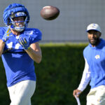 Jul 29, 2024; Los Angeles, CA, USA; Los Angeles Rams wide receiver Cooper Kupp (10) catches a pass during training camp at Loyola Marymount University. Mandatory Credit: Jayne Kamin-Oncea-USA TODAY Sports