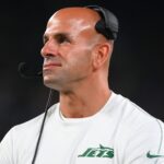 Aug 24, 2024; East Rutherford, New Jersey, USA; New York Jets head coach Robert Saleh looks on against the New York Giants during the second half at MetLife Stadium. Mandatory Credit: Rich Barnes-USA TODAY Sports