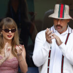 Sep 8, 2024; Flushing, NY, USA; Recording artist Taylor Swift and Kansas City Chiefs tight end Travis Kelce look on in the men’s singles final of the 2024 U.S. Open tennis tournament at USTA Billie Jean King National Tennis Center at Louis Armstrong Stadium.
