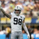 Sep 8, 2024; Inglewood, California, USA; Las Vegas Raiders defensive end Maxx Crosby (98) gestures in the first half against the Los Angeles Chargers at SoFi Stadium. Mandatory Credit: Kirby Lee-Imagn Images