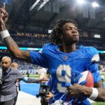 Detroit Lions wide receiver Jameson Williams (9) waves at fans to celebrates 26-20 overtime win over Los Angeles Rams as he exits the field at Ford Field in Detroit on Sunday, September 8, 2024.