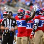 Sep 8, 2024; East Rutherford, New Jersey, USA; New York Giants cornerback Deonte Banks (3) reacts during the second half against the Minnesota Vikings at MetLife Stadium. Mandatory Credit: John Jones-Imagn Images