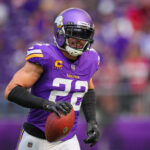 Sep 15, 2024; Minneapolis, Minnesota, USA; Minnesota Vikings safety Harrison Smith (22)warms up before the game against the San Francisco 49ers at U.S. Bank Stadium. Mandatory Credit: Brad Rempel-Imagn Images