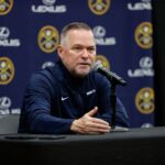 Sep 26, 2024; Denver, Co, USA; Denver Nuggets head coach Michael Malone during Denver Nuggets Media Day. Mandatory Credit: Isaiah J. Downing-Imagn Images