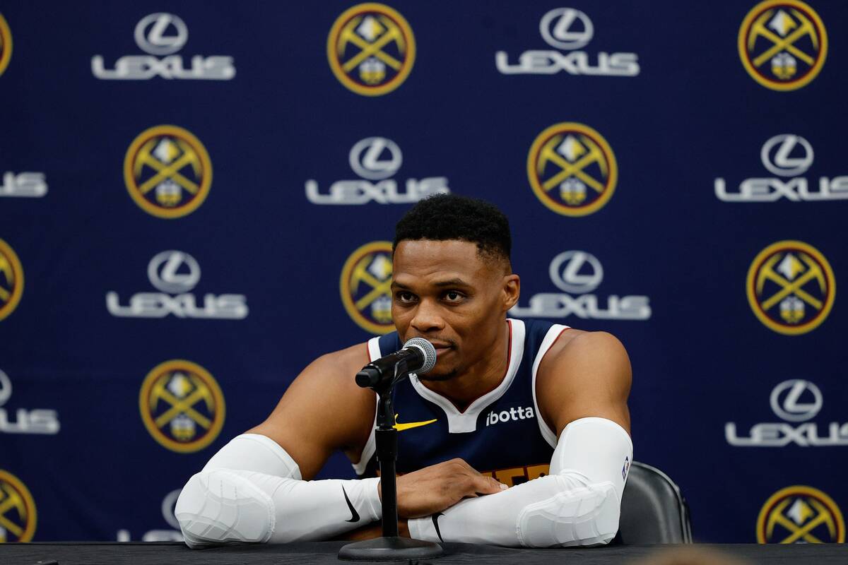 Sep 26, 2024; Denver, Co, USA; Denver Nuggets guard Russell Westbrook (4) during Denver Nuggets Media Day. Mandatory Credit: Isaiah J. Downing-Imagn Images