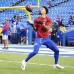 Sep 23, 2024; Orchard Park, New York, USA; Buffalo Bills wide receiver Khalil Shakir (10) warms up prior to the game against the Jacksonville Jaguars at Highmark Stadium. Mandatory Credit: Gregory Fisher-Imagn Images
