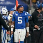 Indianapolis Colts quarterback Anthony Richardson (5) walks the sidelines Sunday, Sept. 29, 2024, during a game against the Pittsburgh Steelers at Lucas Oil Stadium in Indianapolis.