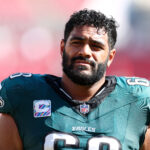 Sep 29, 2024; Tampa, Florida, USA; Philadelphia Eagles offensive tackle Jordan Mailata (68) looks on after a game against the Tampa Bay Buccaneers at Raymond James Stadium. Mandatory Credit: Nathan Ray Seebeck-Imagn Images