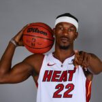 Sep 30, 2024; Miami, FL, USA; Miami Heat forward Jimmy Butler (22) poses for a photo during media day at Kaseya Center Mandatory Credit: Sam Navarro-Imagn Images