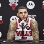 Sep 30, 2024; Chicago, Il, USA; Chicago Bulls guard Lonzo Ball (2) speaks to the press during Media Day. Mandatory Credit: Kamil Krzaczynski-Imagn Images