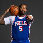 Sep 30, 2024; Camden, NJ, USA; Philadelphia 76ers center Andre Drummond (5) poses for a photo on media day at the Philadelphia 76ers Training Complex.